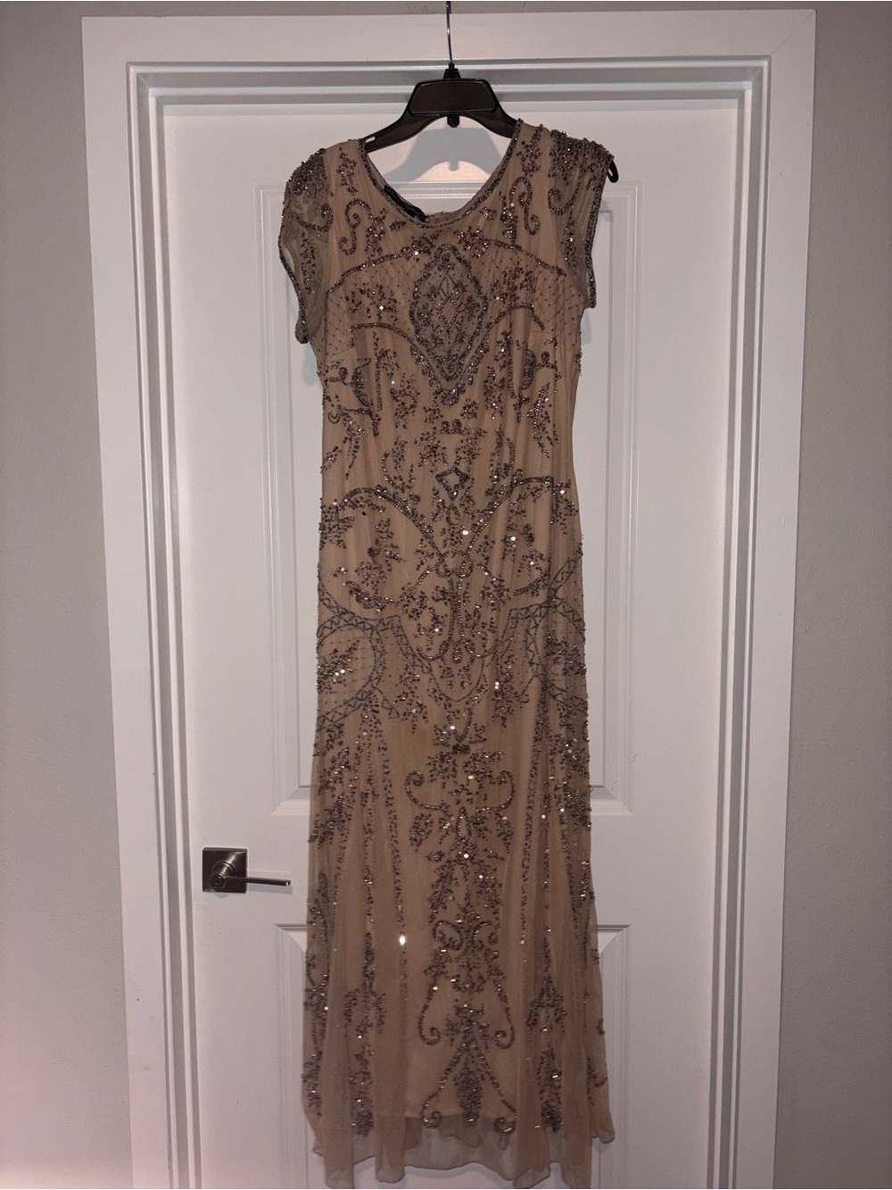 Pisarro Nights Beaded Maxi Dress in Beige with Silver Accents